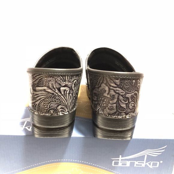 dansko grey tooled patent leather